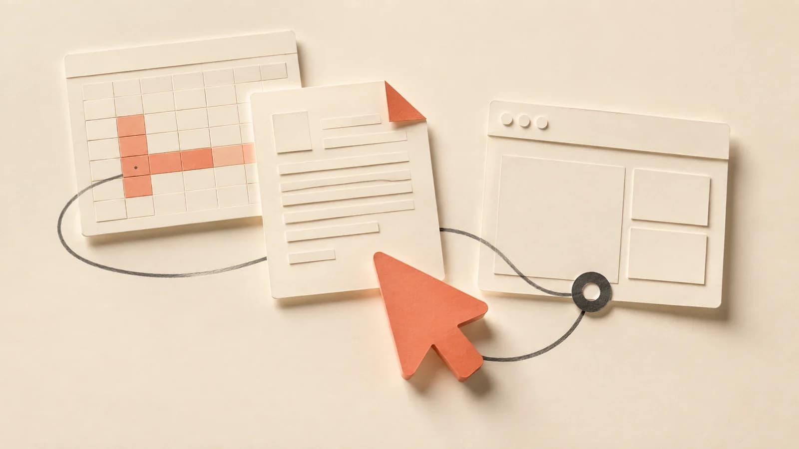 Editorial illustration of a cursor connecting a document, spreadsheet, and browser through a review checkpoint