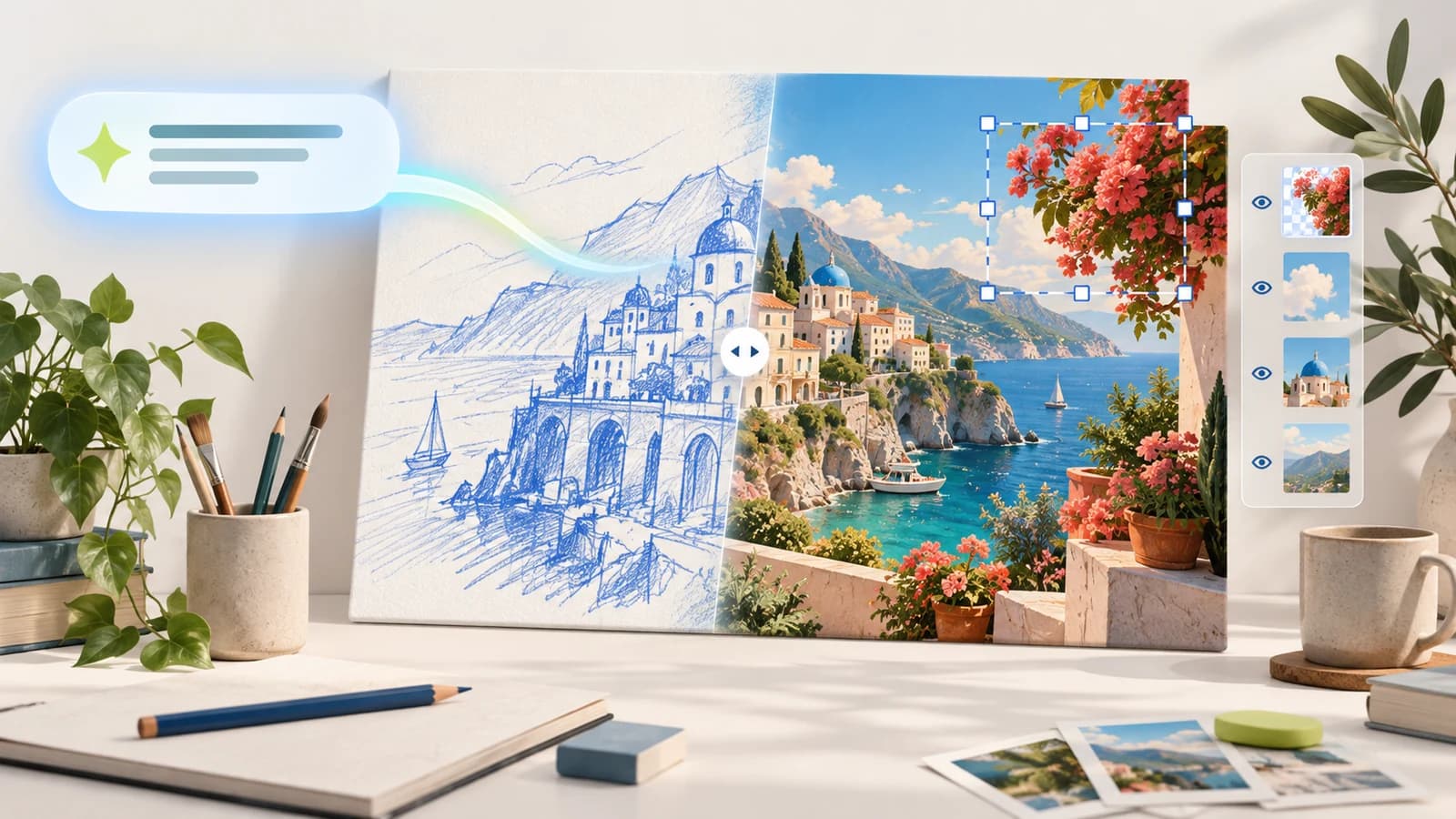 Concept illustration of a blue travel sketch becoming a colorful coastal image, with a prompt bubble and selection handles representing AI image generation and editing