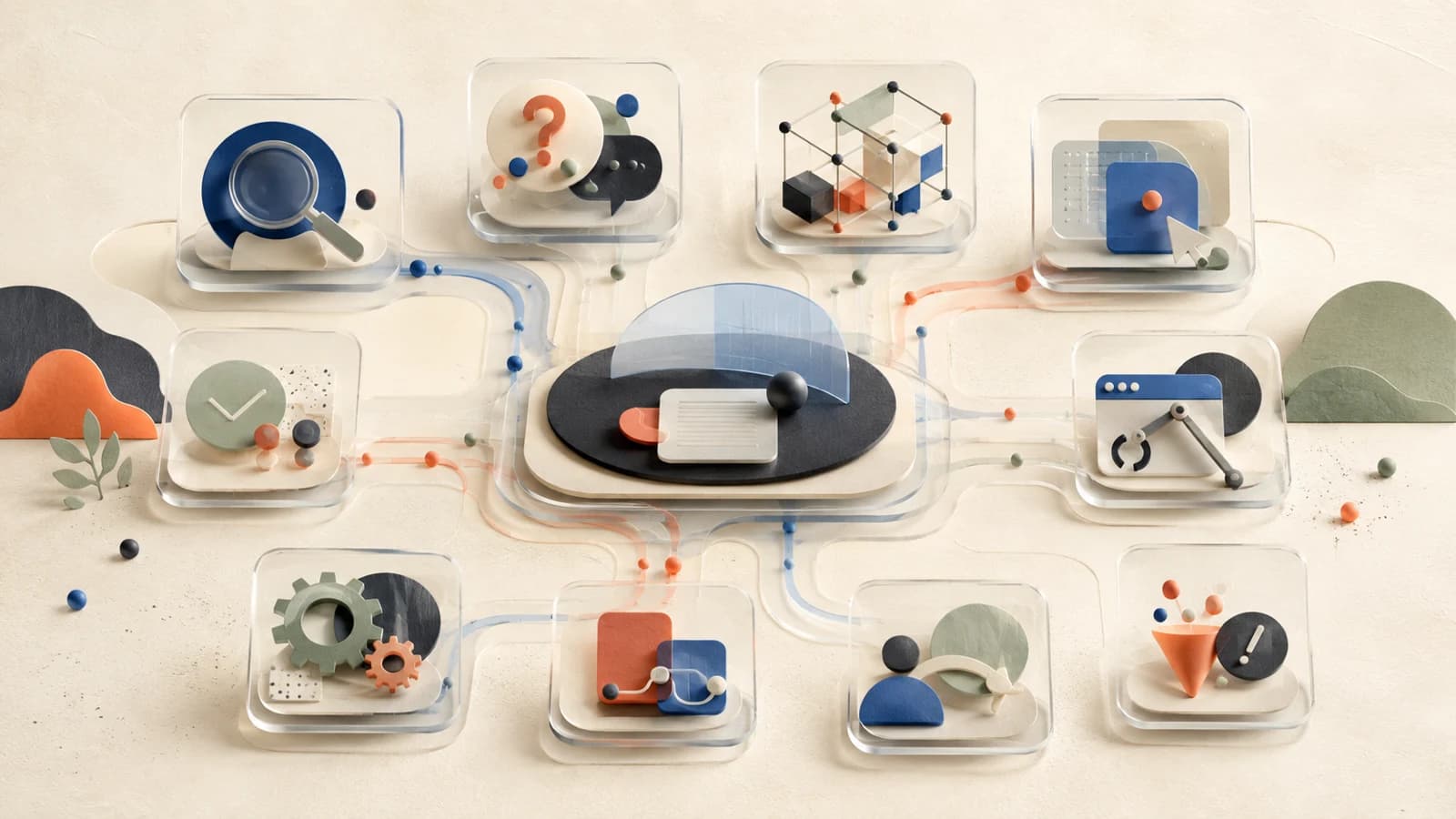 Editorial illustration of interconnected modular capability tiles for AI agent workflows